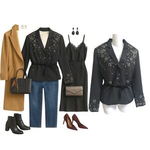 Albert Nipon Floral Embroidered Black 100%Wool Blazer Jacket~8~Gorgeous‎